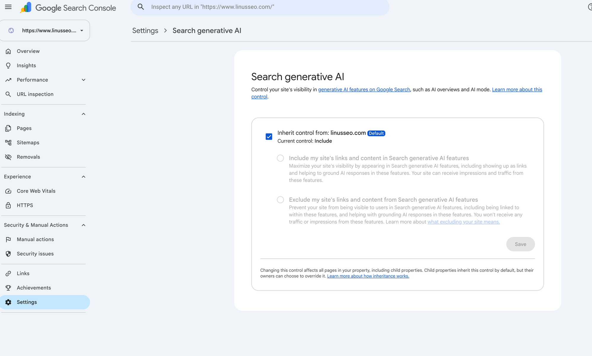 GSC 设置里的 Search generative AI 控制项,当前为包含
